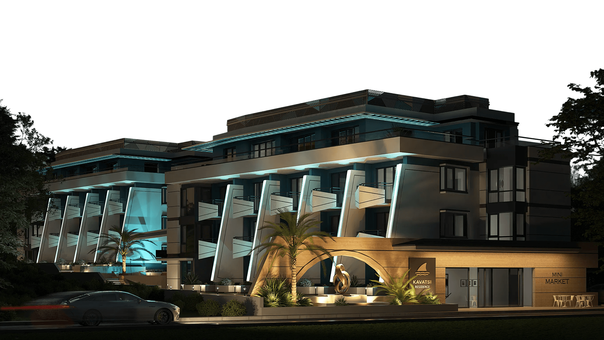 The KAVATSI Residence building on the shore, night view